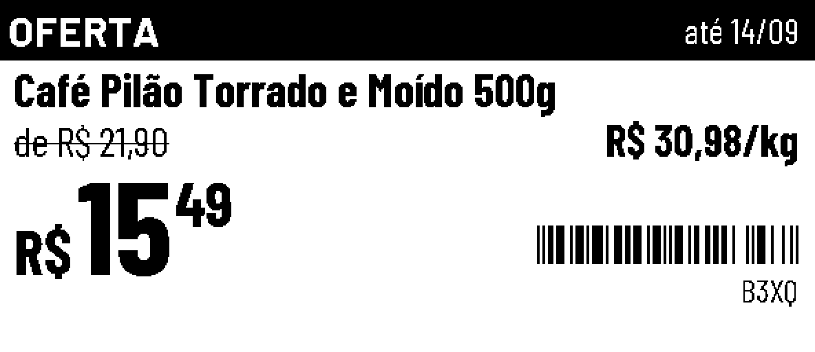 Layout oferta: tarja preta com a palavra OFERTA e a validade, Café Pilão 500 g de R$ 21,90 por R$ 15,49, R$ 30,98 por quilo