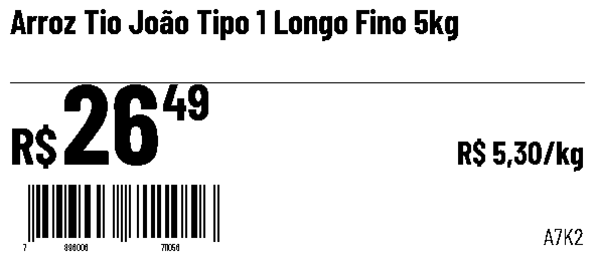 A mesma etiqueta depois da troca: Arroz Tio João Tipo 1 Longo Fino 5 kg, R$ 26,49, R$ 5,30 por quilo