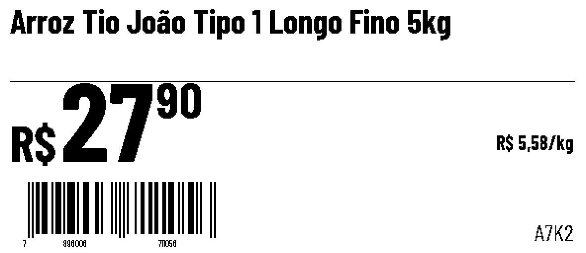 O mesmo layout com o preço por quilo em letra minúscula, quase ilegível ao lado do preço